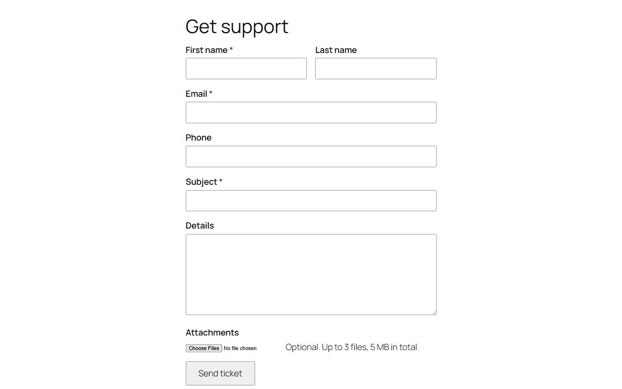 The built-in ticket form on a page