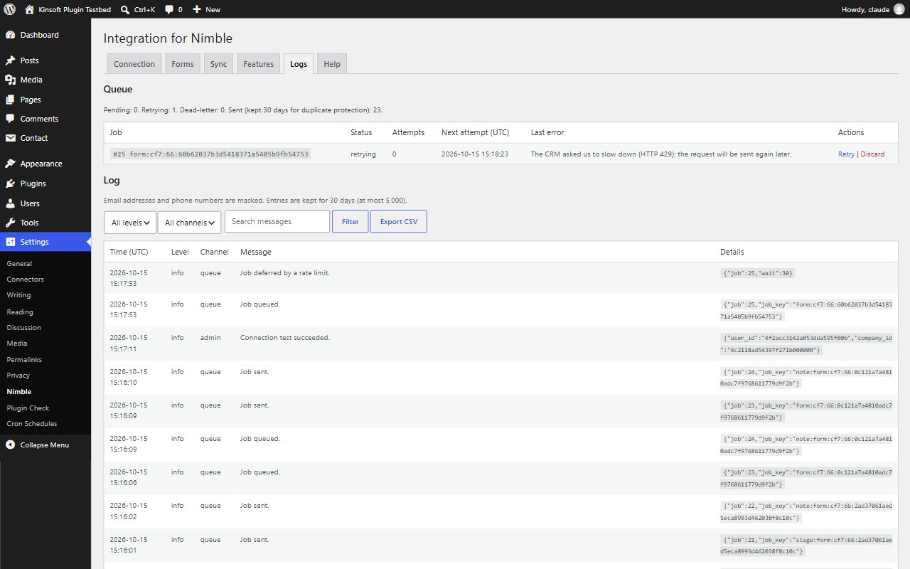 Logs tab: the queue and the masked delivery log, with CSV export