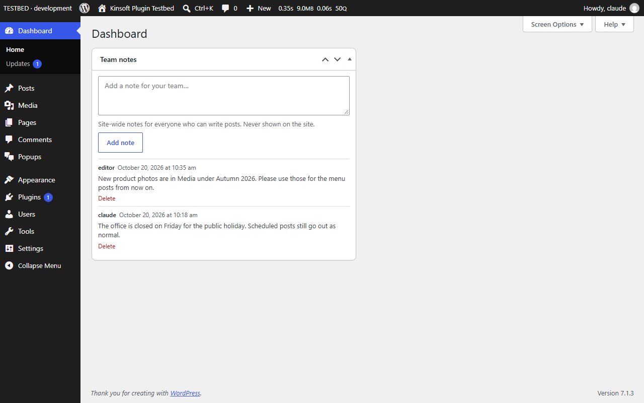 The Team notes dashboard widget for site-wide notes