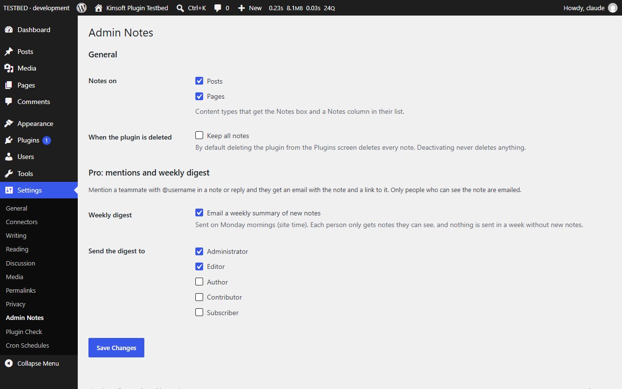 Settings > Admin Notes, with the Pro weekly digest options