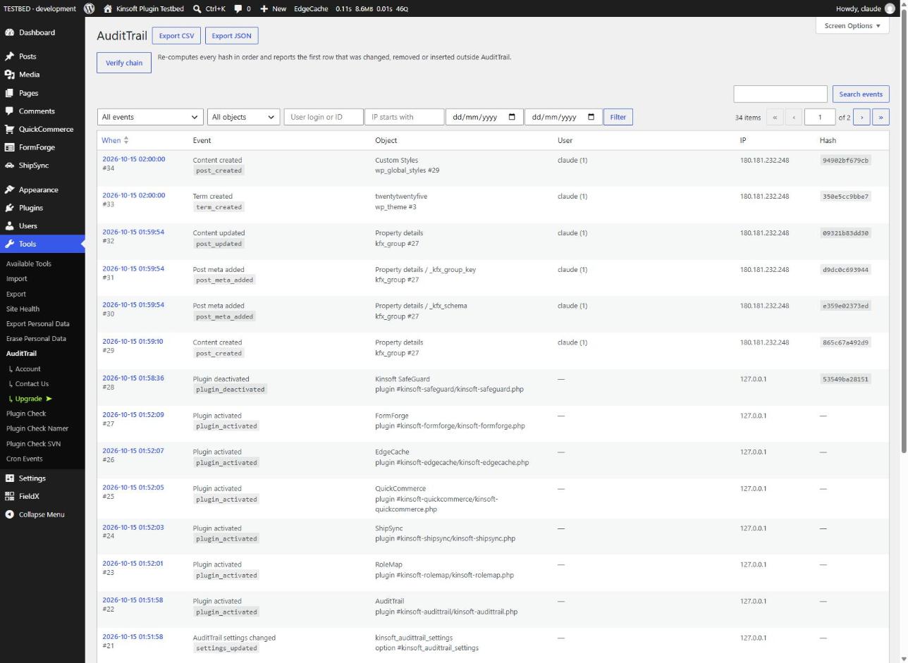 The activity log: filters, search, export and hash chain verification