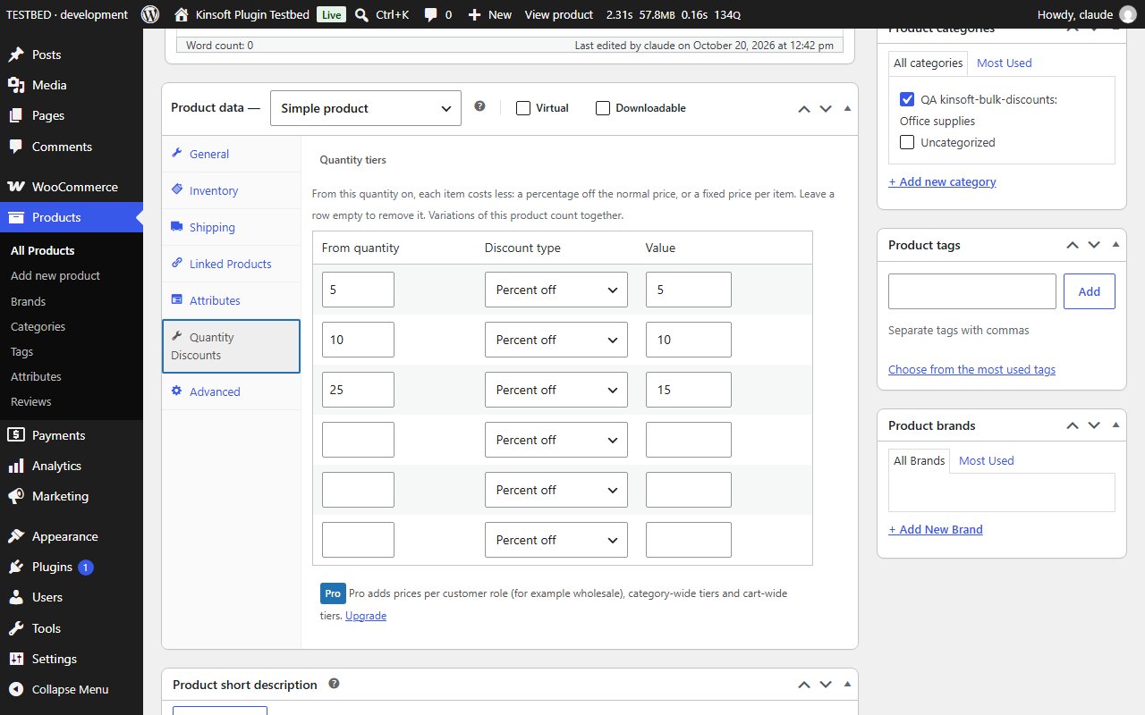 The Quantity Discounts tab in the WooCommerce product editor