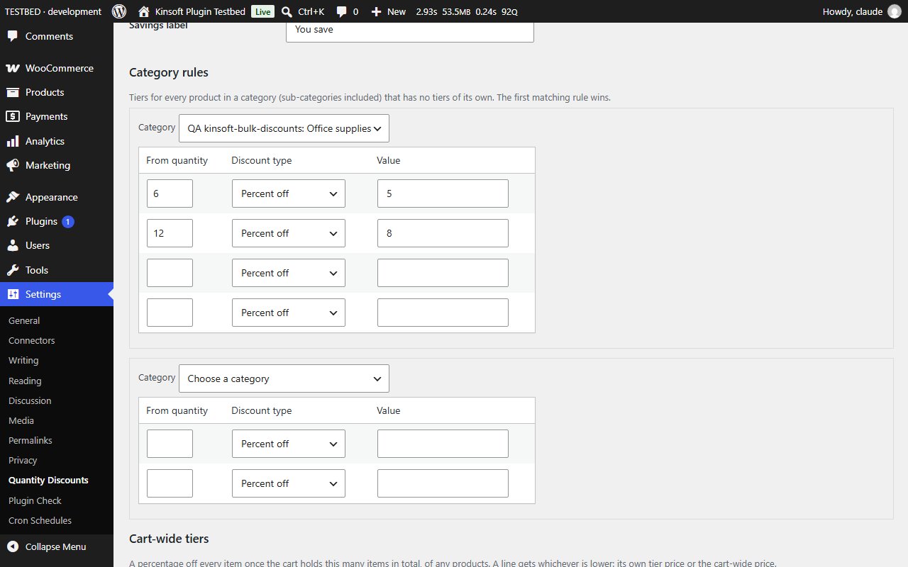 Pro: category tier rules and cart-wide tiers on the settings page