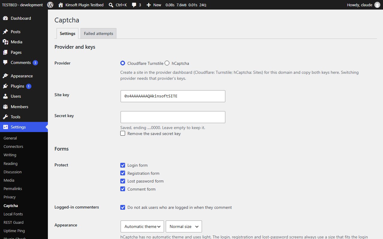 Settings > Captcha: provider, keys and the forms to protect