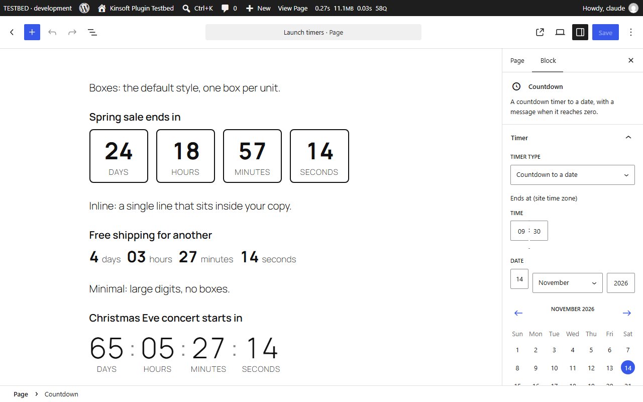 The Countdown block in the editor with its timer settings in the sidebar
