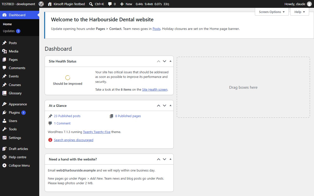 The Dashboard with a replacement welcome panel and a custom text widget