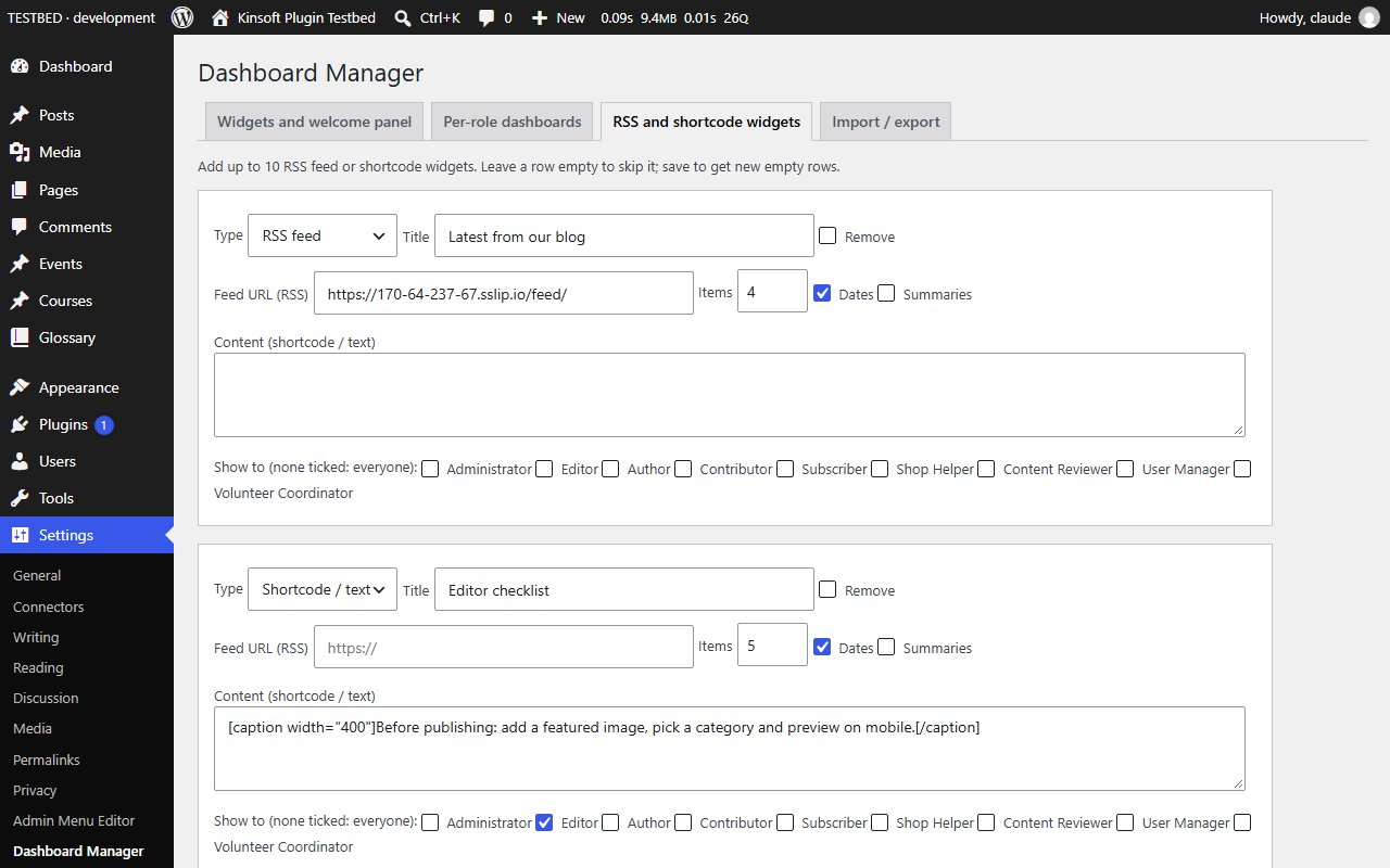 Pro: RSS feed and shortcode widgets, each limited to chosen roles