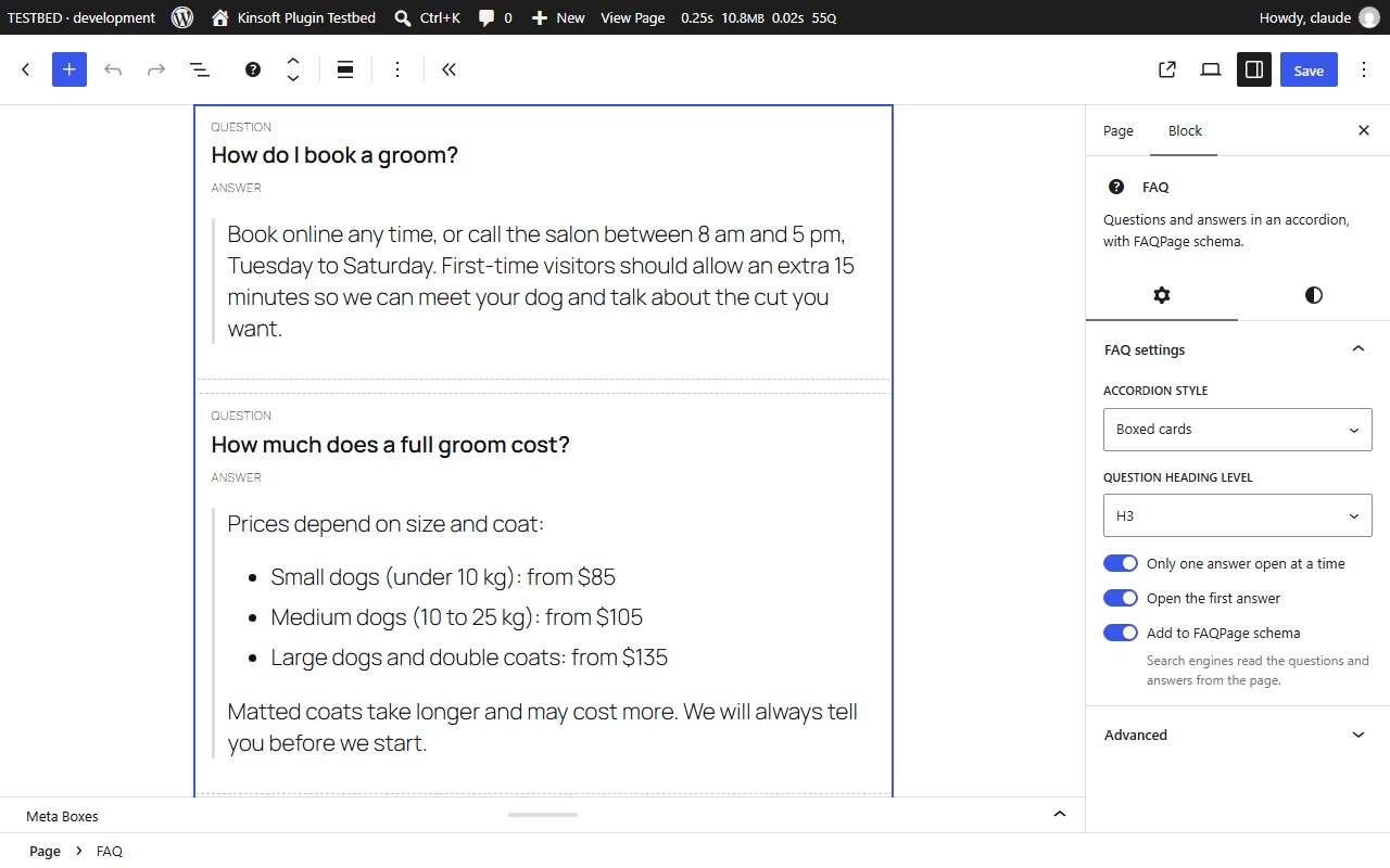 The FAQ block in the editor with its settings panel