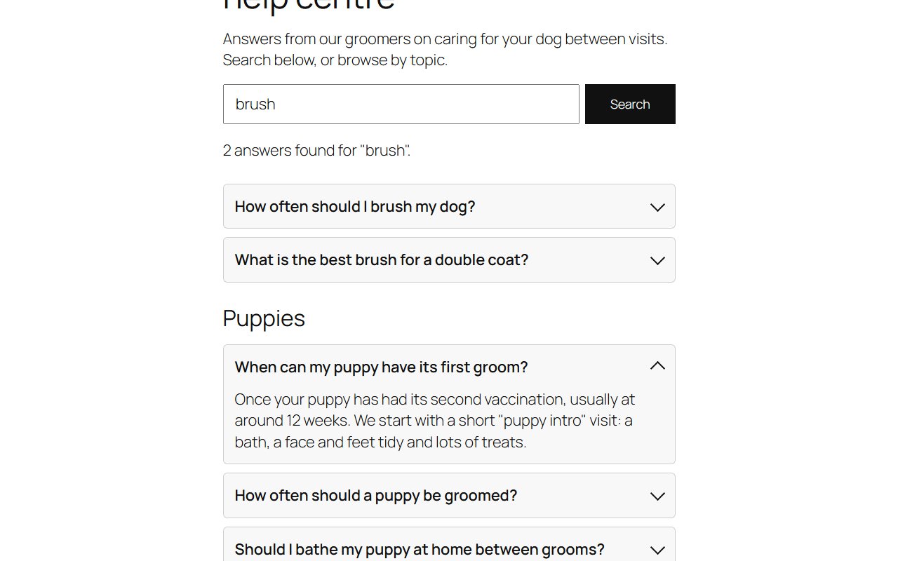 A help centre page with the FAQ search and FAQ list blocks (Pro)