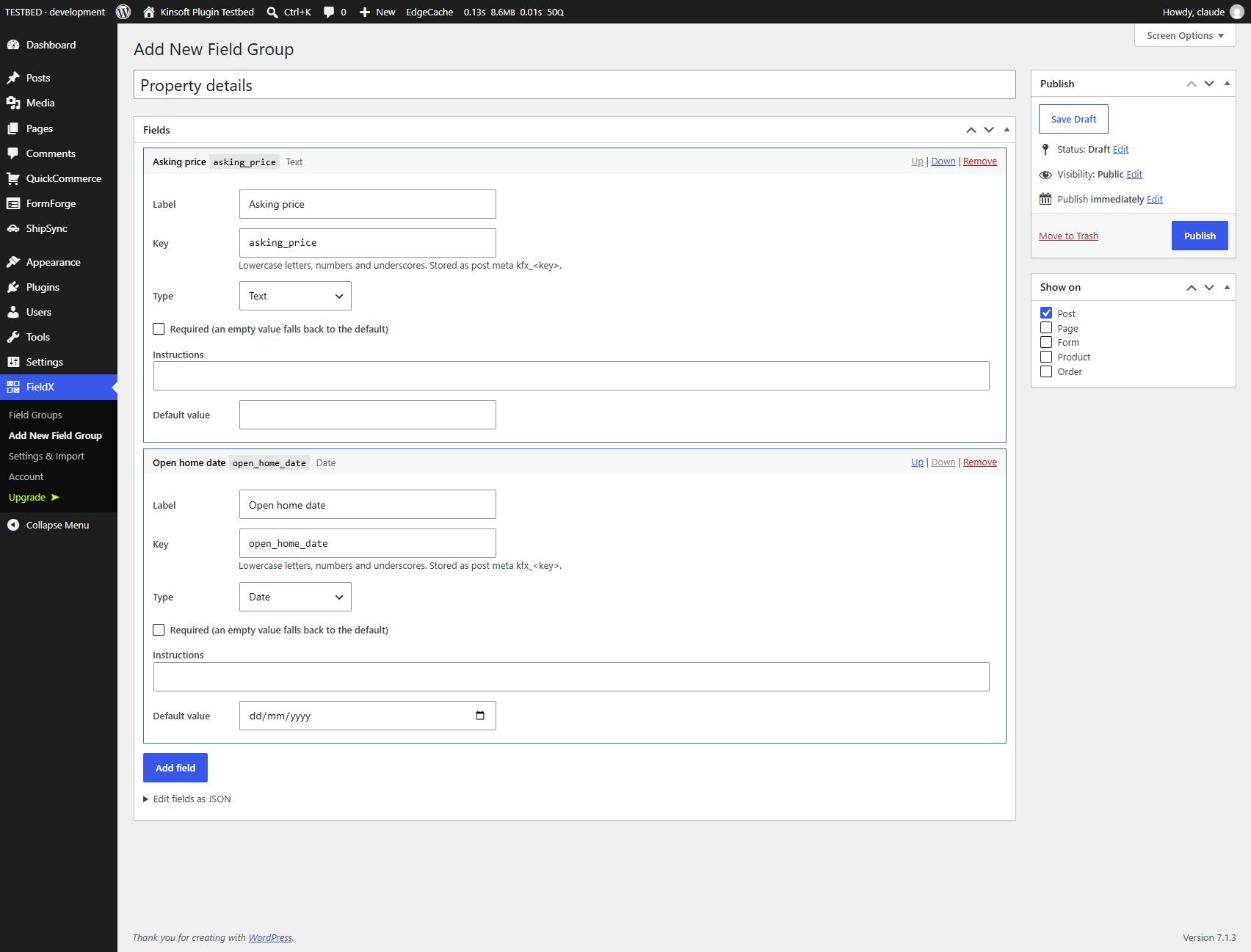 Field group builder with typed fields and location rules