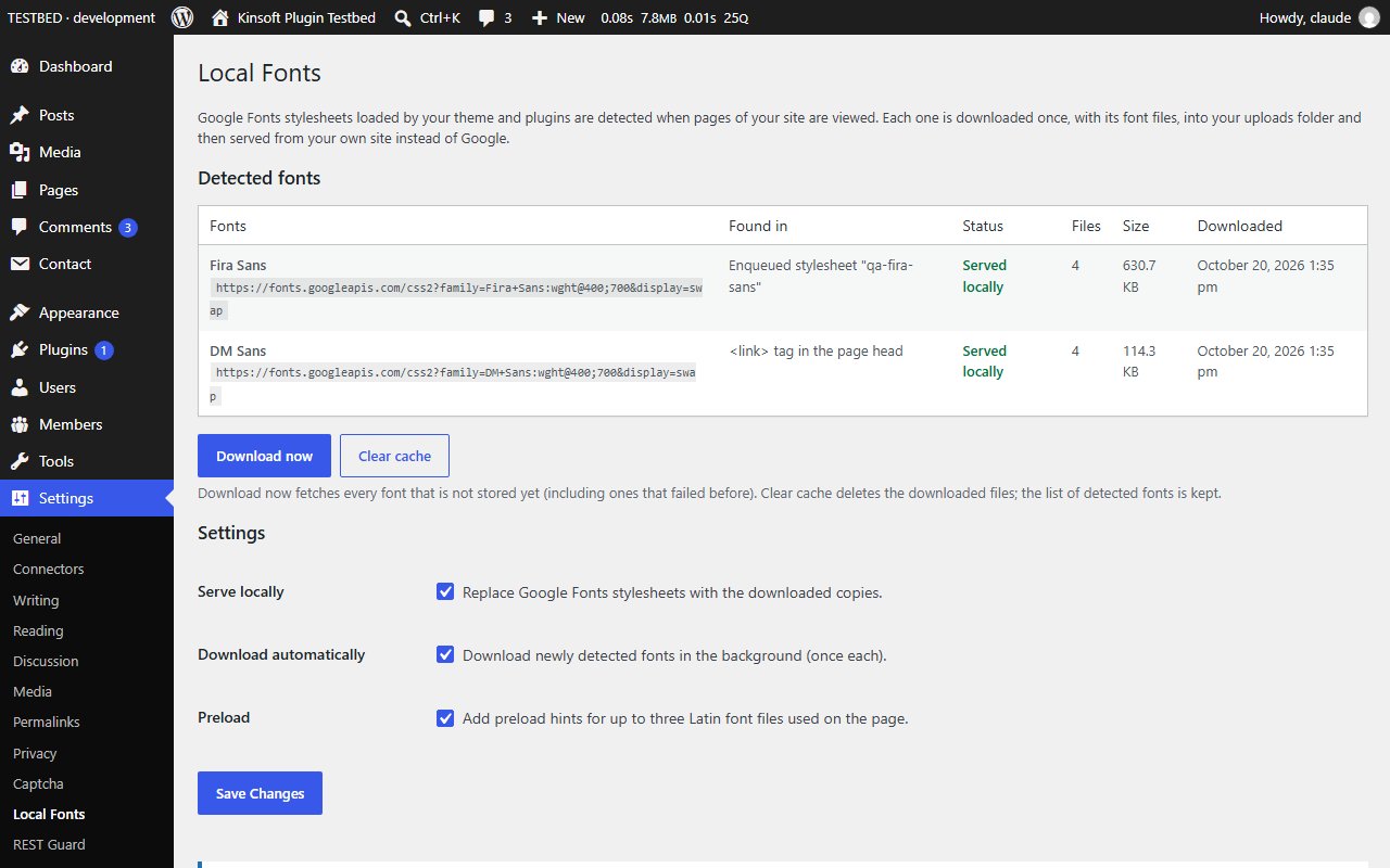 Settings > Local Fonts: detected Google Fonts served locally, Download now, Clear cache and the settings