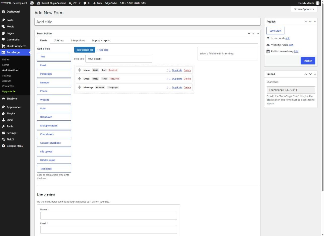 The drag-and-drop form builder with steps, field palette and live preview