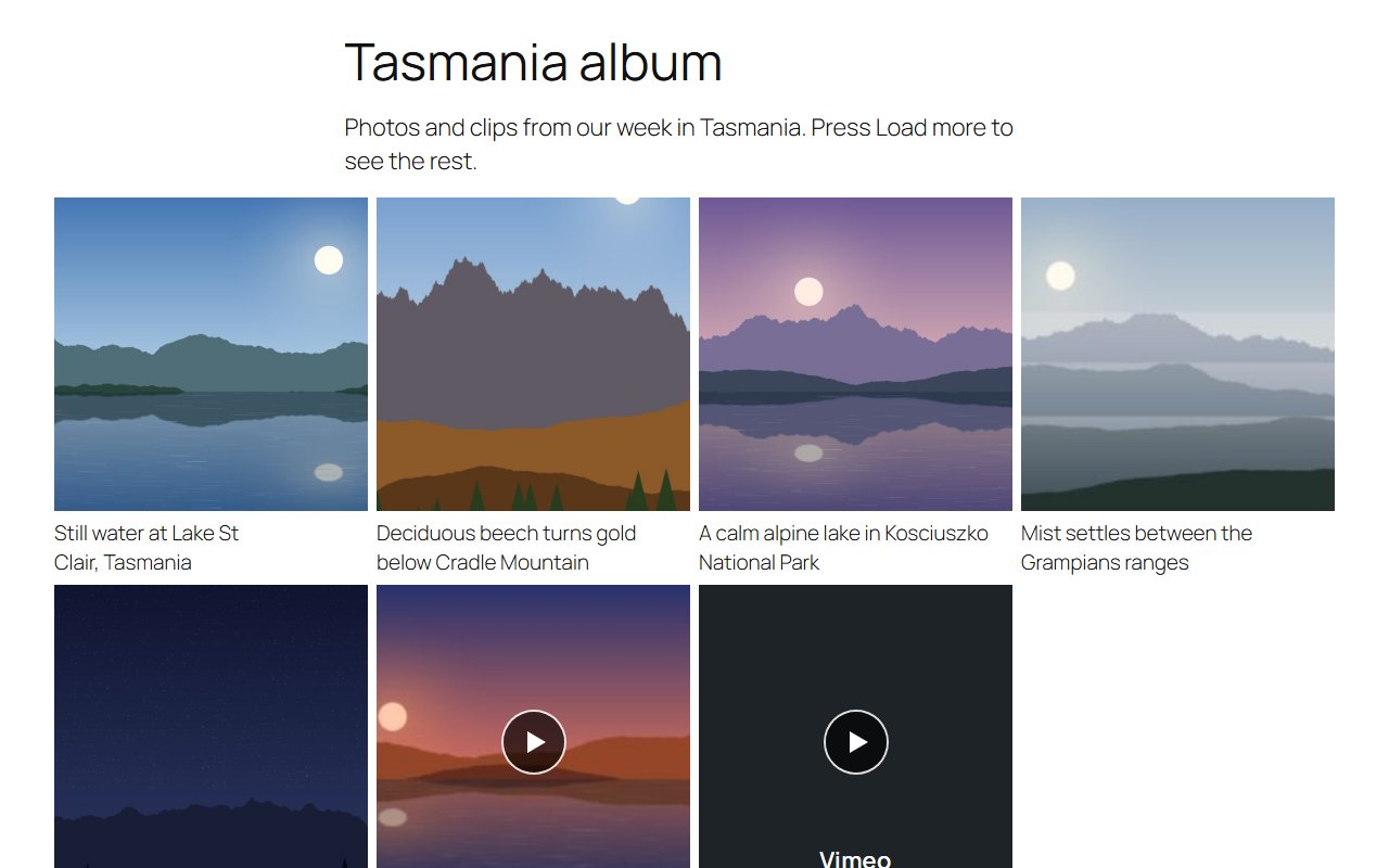 Pro: an album with photos, YouTube and Vimeo tiles, after Load more