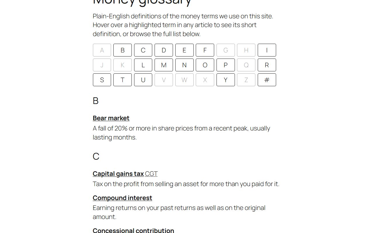 The A-Z glossary index with letter navigation