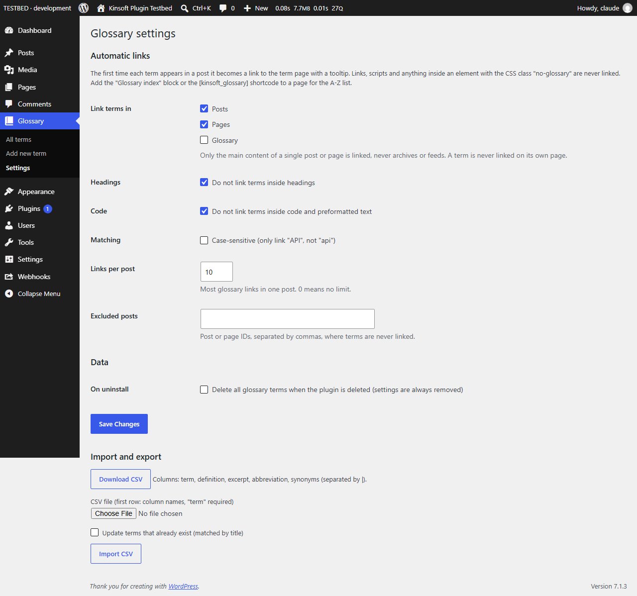 Glossary settings, with CSV import and export (Pro)