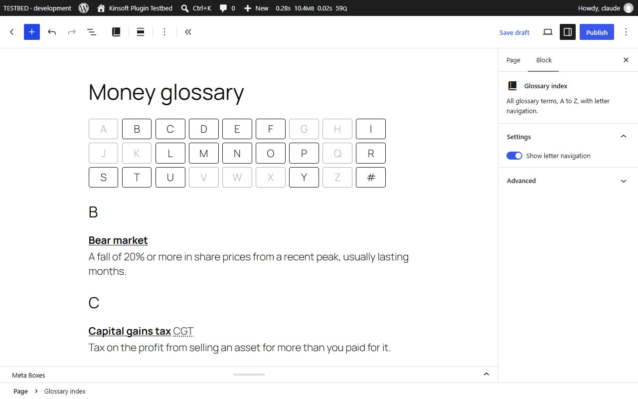 The Glossary index block in the block editor