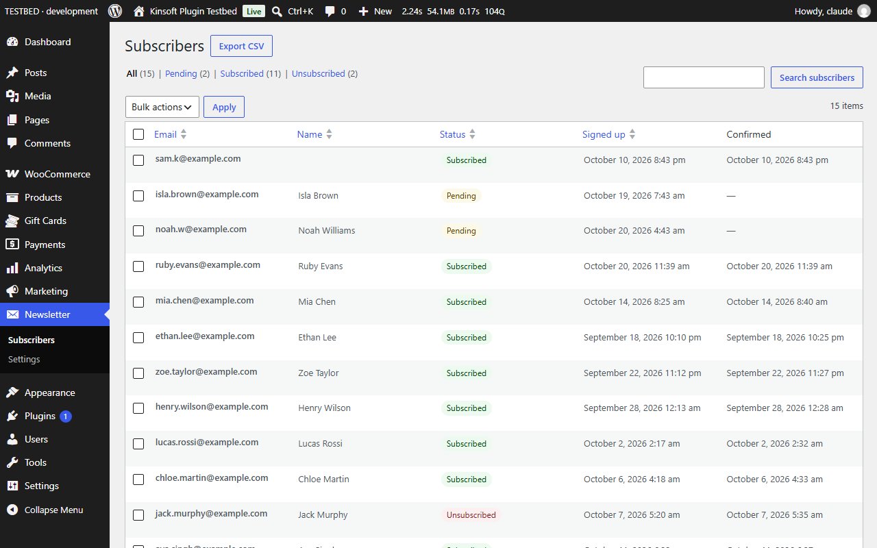 The Subscribers screen with status filters, search and CSV export