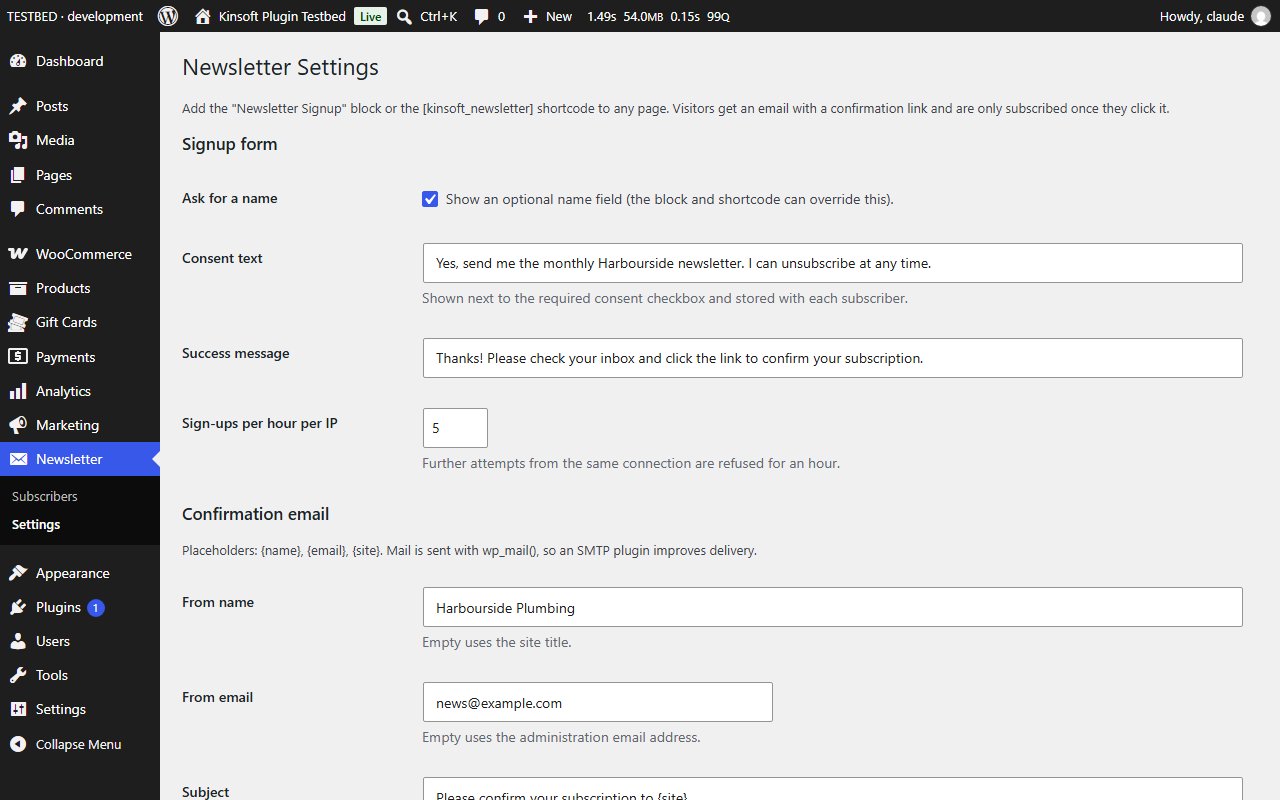 Newsletter settings: signup form, consent text and confirmation email