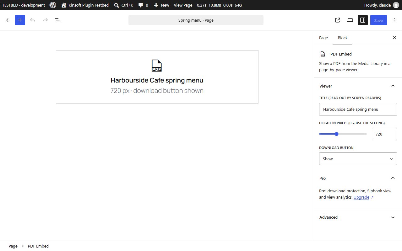The PDF Embed block settings in the editor