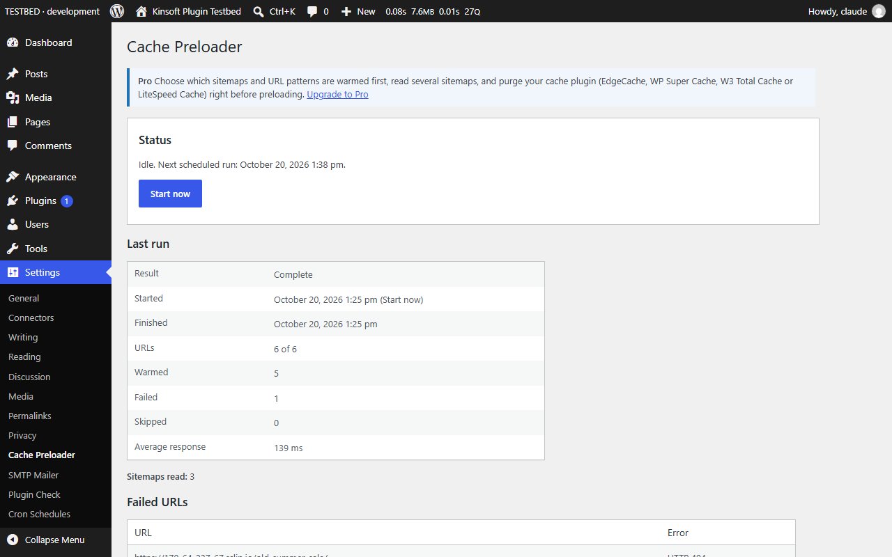 Settings > Cache Preloader: status, Start now and the log of the last run