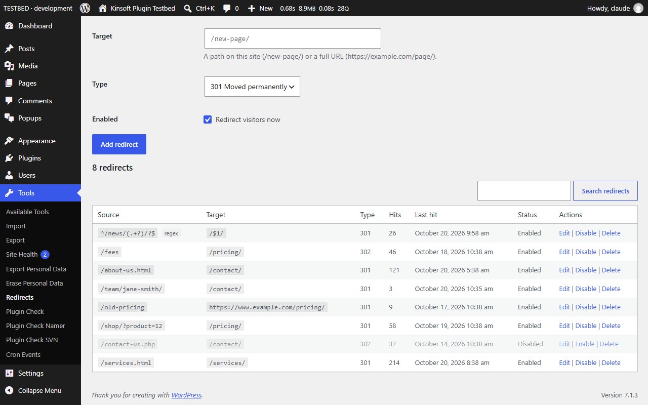 Tools > Redirects: the redirect table with type, hits, last hit and status