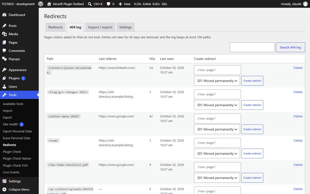 The 404 log with a one-click "Create redirect" box on each row
