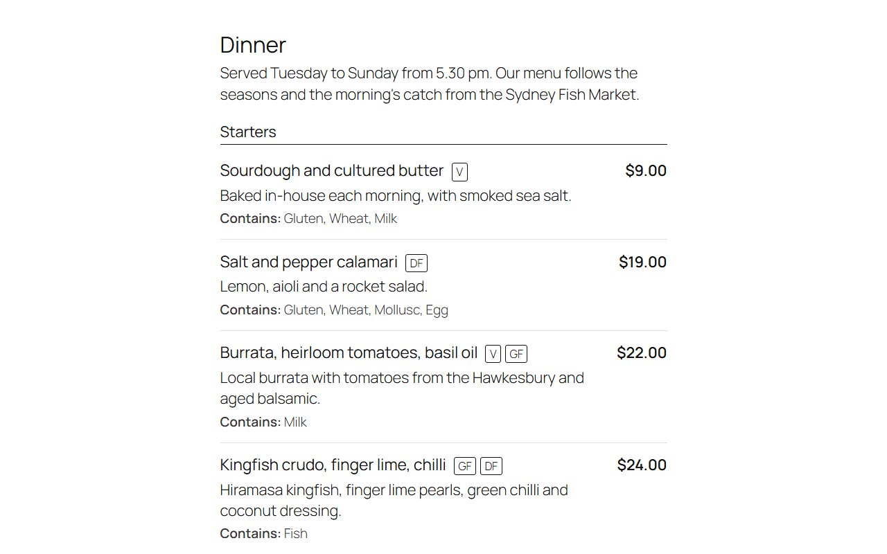 A dinner menu with sections, prices, dietary labels and allergens
