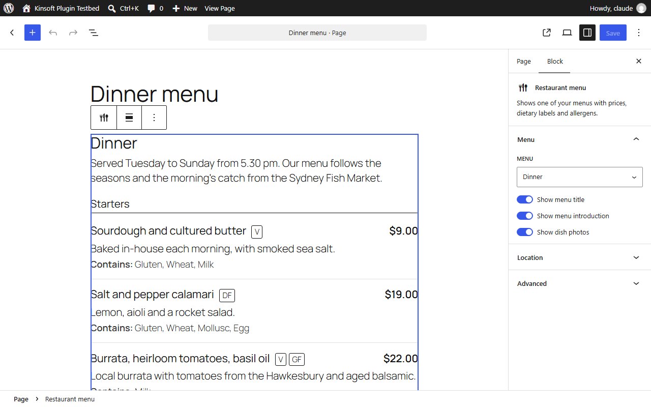 The Restaurant menu block in the editor
