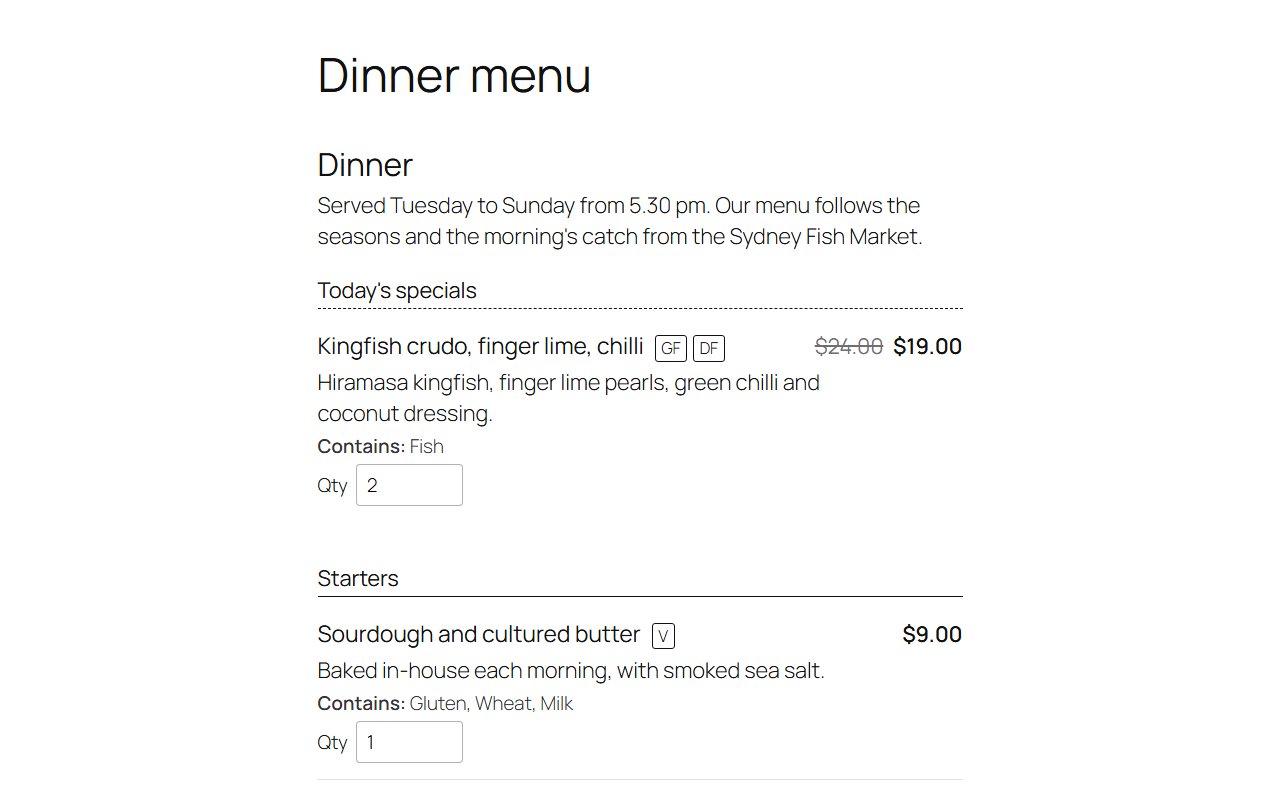 Pro: today's specials and online ordering quantities on the menu
