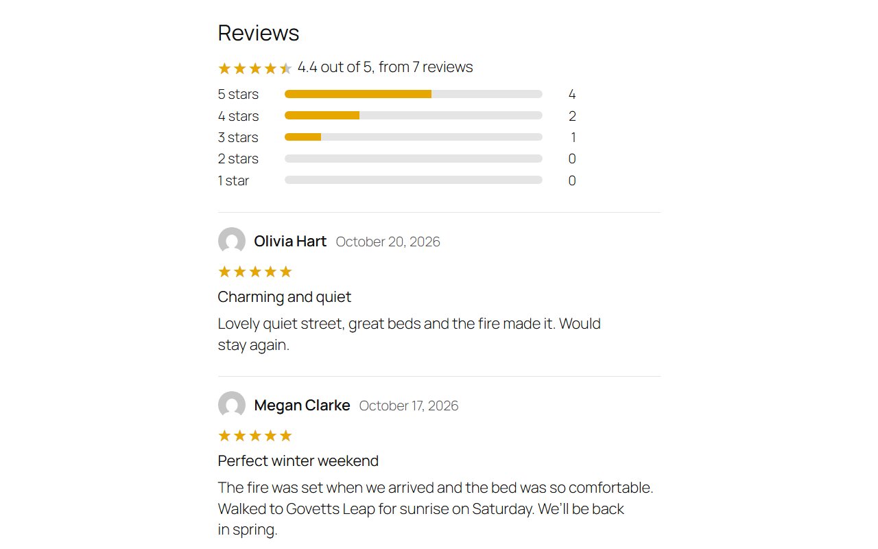 The reviews section: average rating with the per-star breakdown and the latest reviews