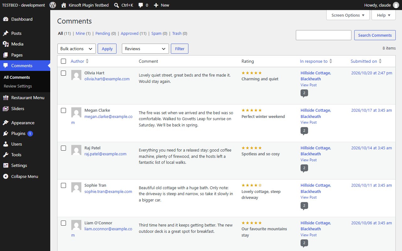 Reviews on the Comments screen with the Rating column and the Reviews filter