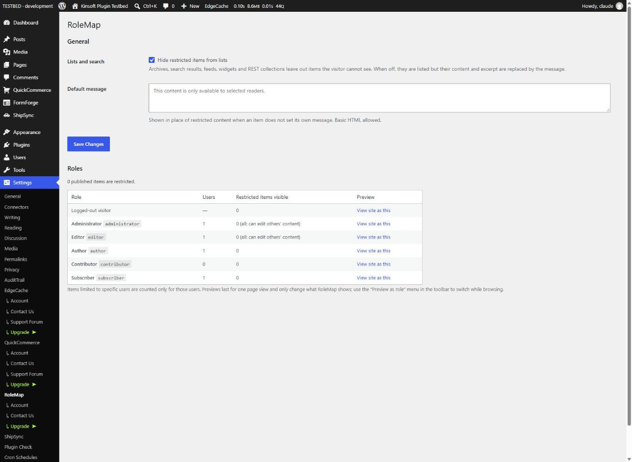 RoleMap settings and the per-role overview with preview-as-role links