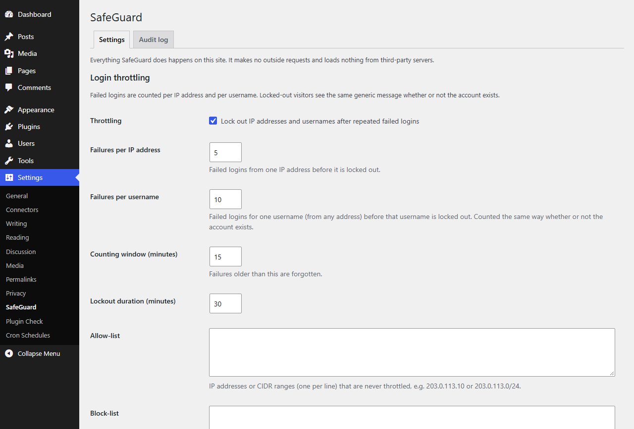 SafeGuard settings: login throttling, allow and block lists