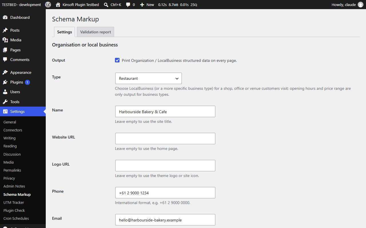 The settings page: your organisation or local business details