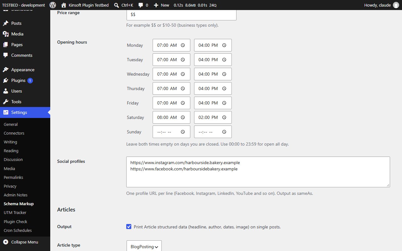 Opening hours and social profiles for the business