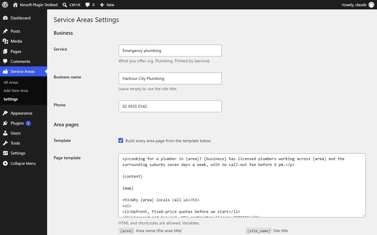 The settings screen with the business details and the page template
