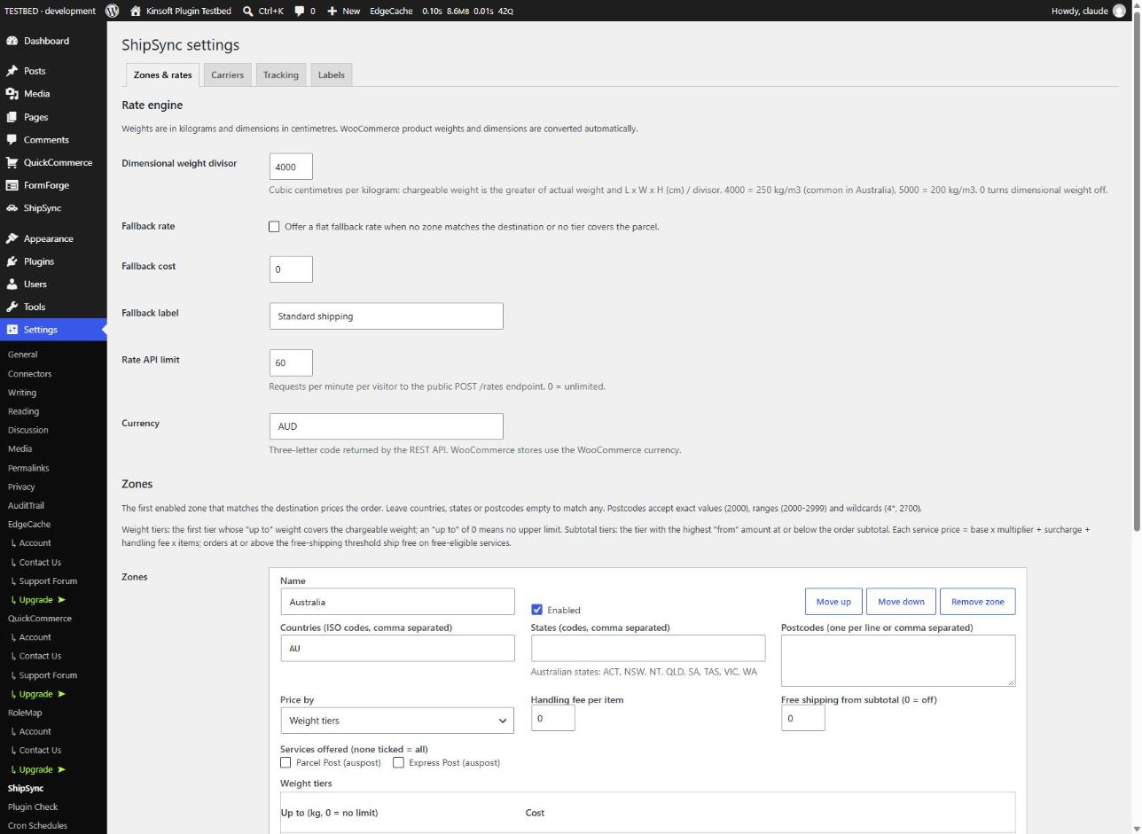 Zones and rates: weight tiers, services, handling fees and free-shipping thresholds