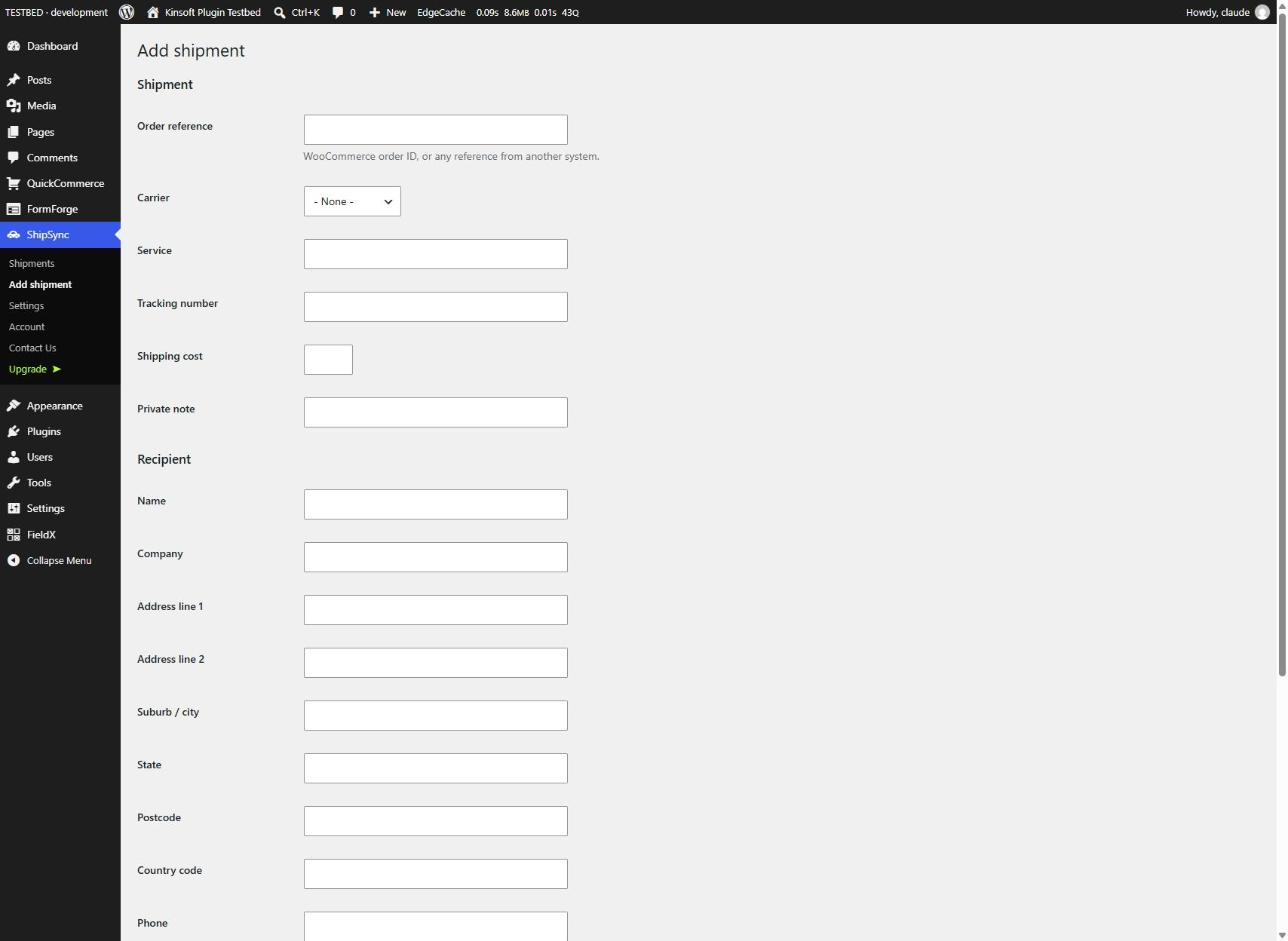 Adding a shipment with carrier, tracking number and recipient