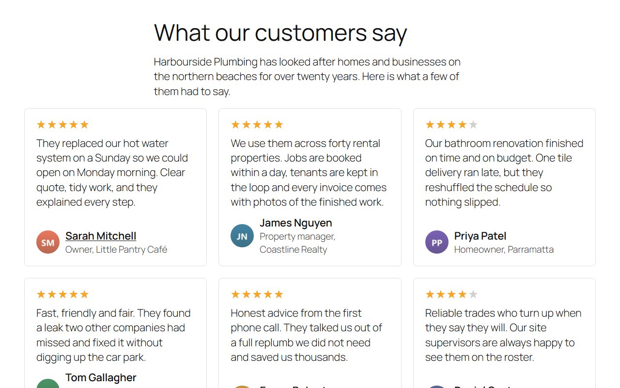 Testimonials in a three-column grid with star ratings and photos