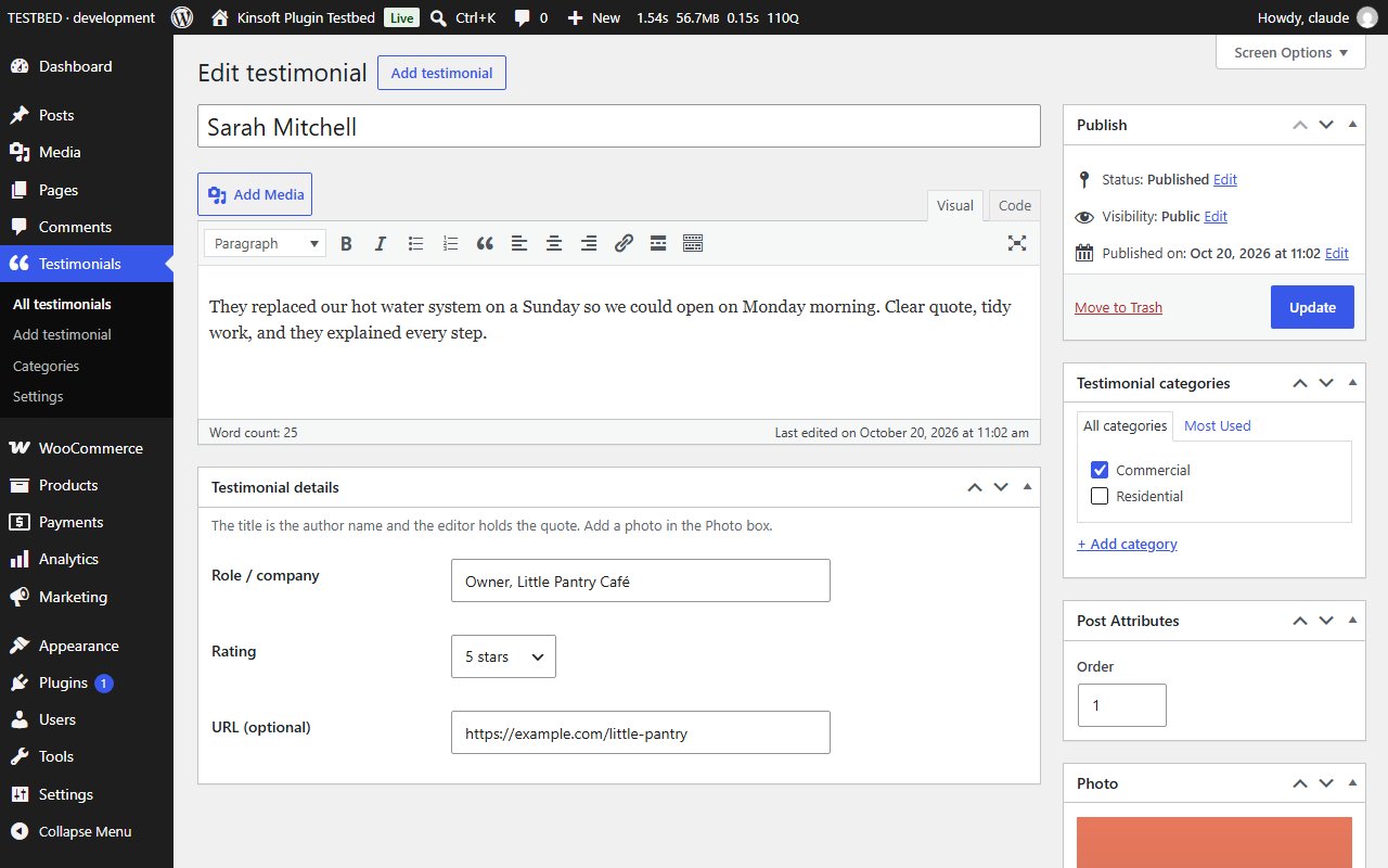 Editing a testimonial: author name, quote, role, rating, website and photo