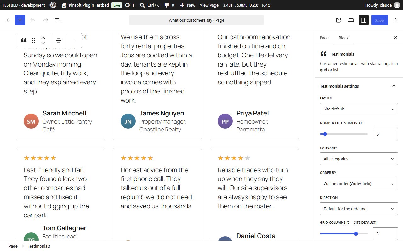 The Testimonials block and its settings in the block editor