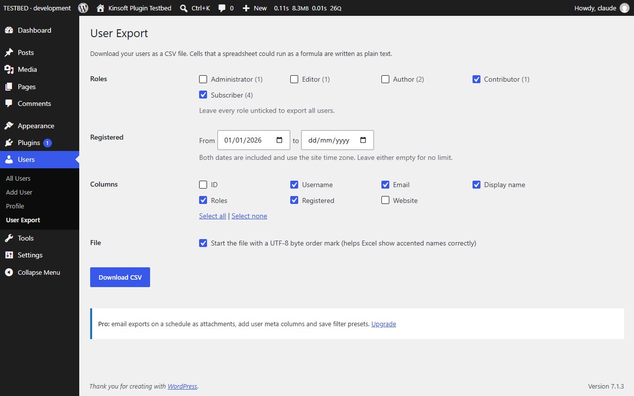 The export screen under Users > User Export: roles, registration dates and columns