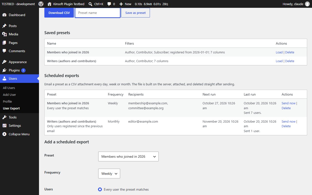 Pro: saved presets and scheduled exports emailed as CSV attachments
